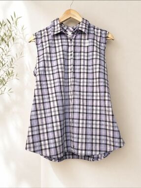 Cutter & Buck Lavender Plaid Sleeveless Button Front Golf Shirt Top 12